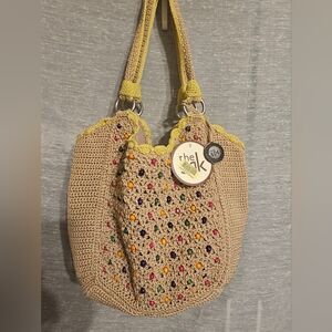 The Sak Crochet Tote Bag - Tan and Yellow Plus Colorful Beads